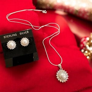 Elegant 925 Sterling Silver Pearl Necklace and Earring Set